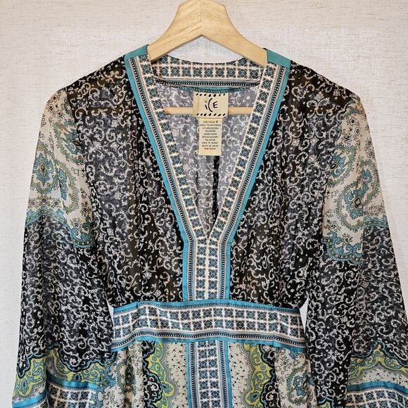 ICE Dress Turquoise Black Green Kimono Style Sash Built In Slip Size 6 - Picture 4 of 9